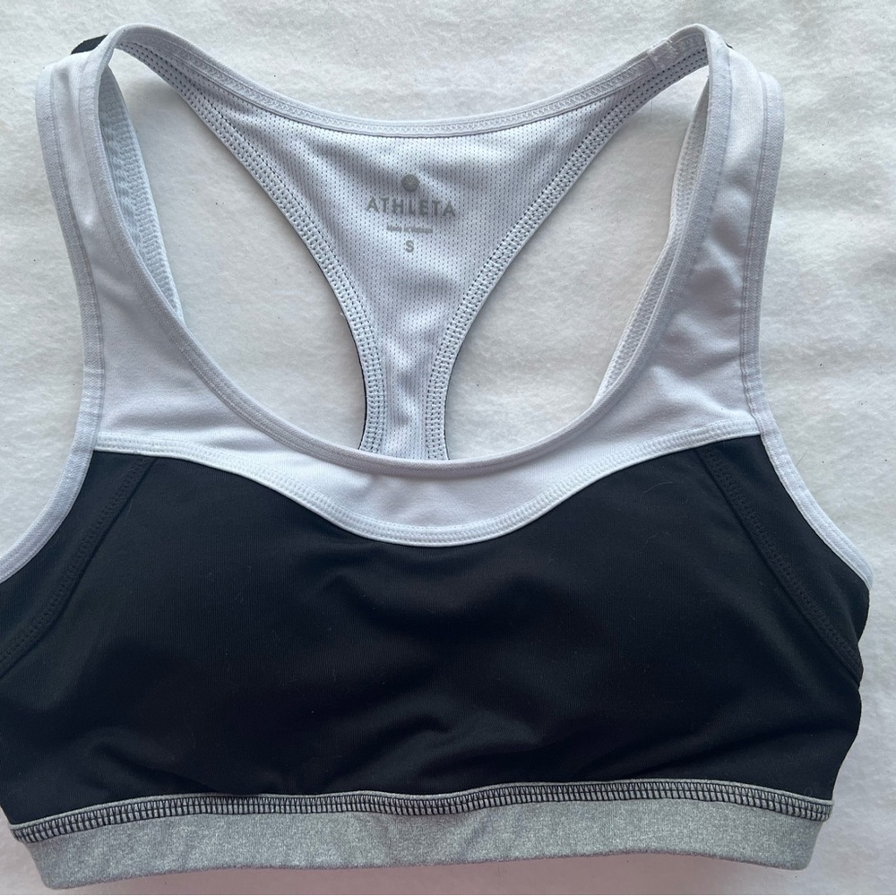 Athleta Black and White Racerback Sports Bra with Gray Band